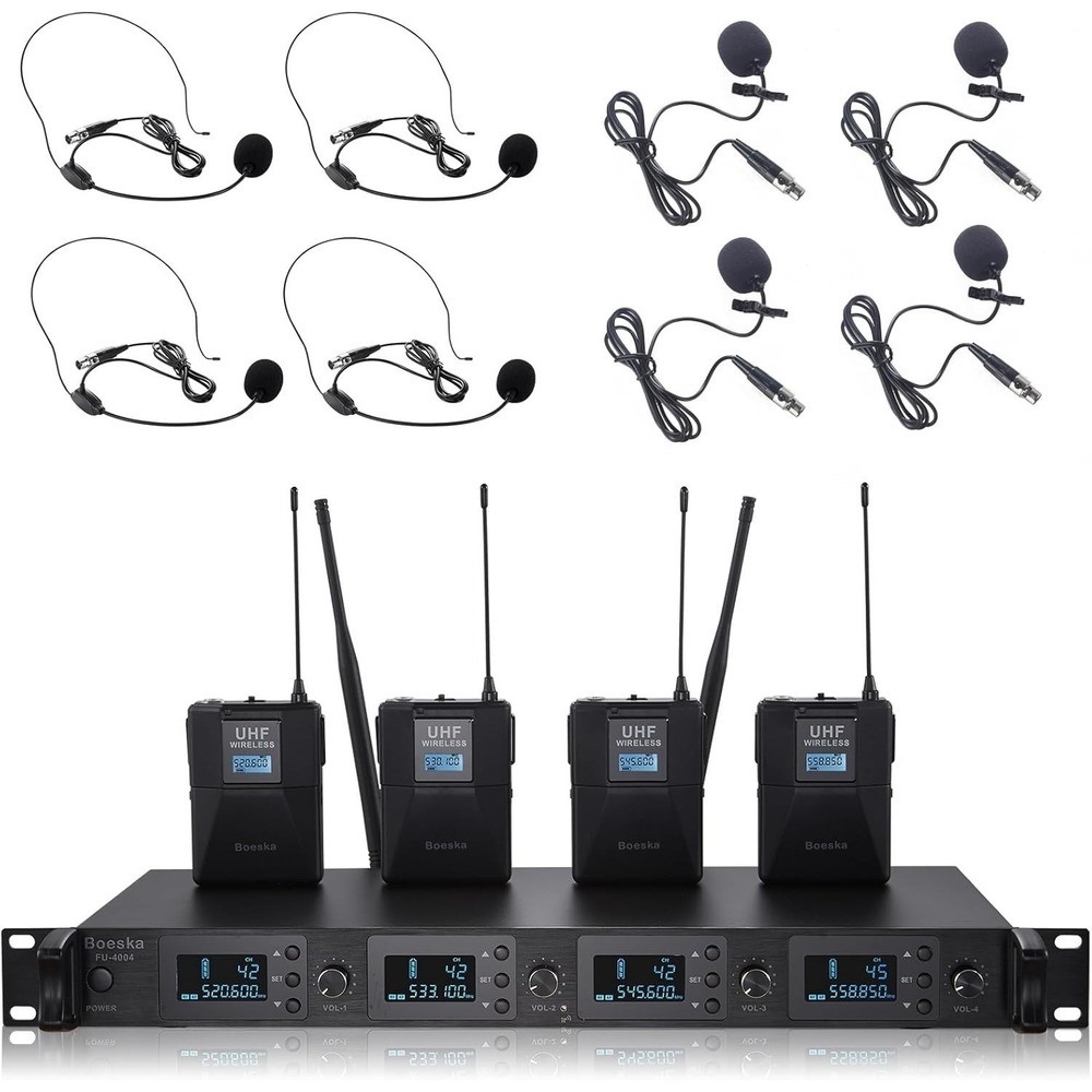 Boeska Wireless Microphone System 4‎ Channel UHF 4 Lavalier Lapel Headset